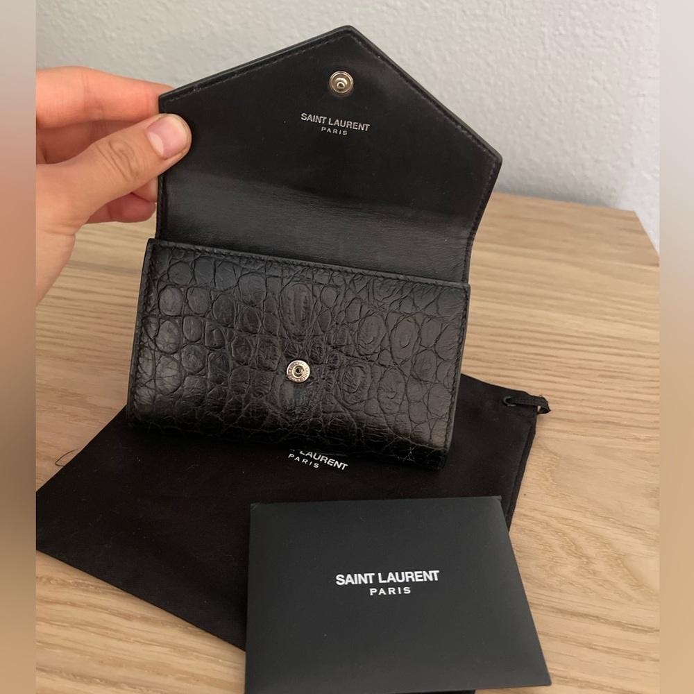 Yves Saint Laurent Cassandra Croc Embossed YSL Small Flap Wallet - Black Silver - Picture 4 of 7